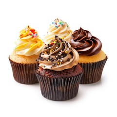 Four frosted cupcakes in assorted colors and flavors, displayed close together against a white background.  Each cupcake features a distinct icing and topping
