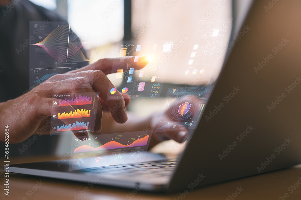 Poster businessman touching virtual ai icon with futuristic digital interface on laptop, representing artif