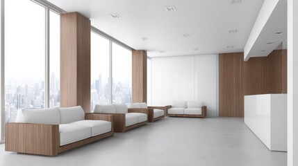 Minimalist office reception with clean white walls and modern furniture, bathed in soft natural light.