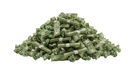 A sculptural mound of crumpled high-denomination green and gold currency bills on a transparent studio background with expansive negative space, concept of immense financial wealth accumulation