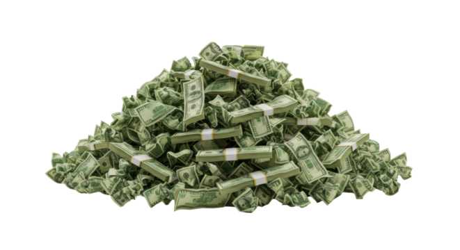 A sculptural mound of crumpled high-denomination green and gold currency bills on a transparent studio background with expansive negative space, concept of immense financial wealth accumulation