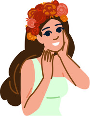 Beautiful smiling woman wearing flower crown touching face