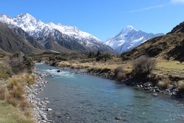 Mountain river flows through valley