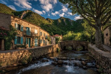 Fototapeta premium Picturesque village nestled in a valley, sunlit stone buildings, flowing stream, and ancient stone bridge
