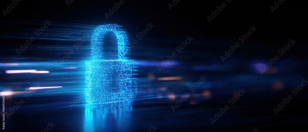 Poster the digital padlock representing data security and encryption in a futuristic network