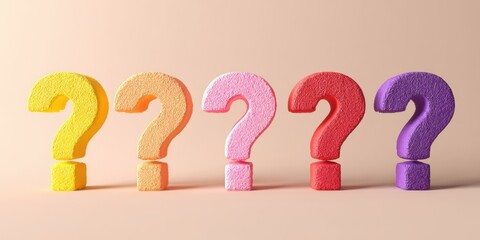 The question marks in colorful textured row on a pastel studio background