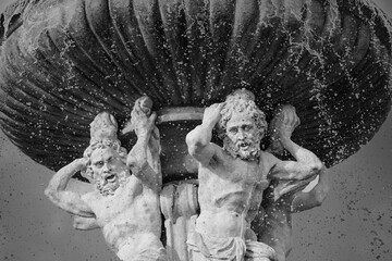 Samson Fountain or Samsonova Kasna Detail in Ceske Budejovice, Bohemia with Atlas Statues made in 1726 by Josef Dietrich