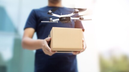 Fototapeta premium A person holds a cardboard box while a small drone hovers above it. The image illustrates modern delivery methods. This style captures innovation and technology in logistics. AI