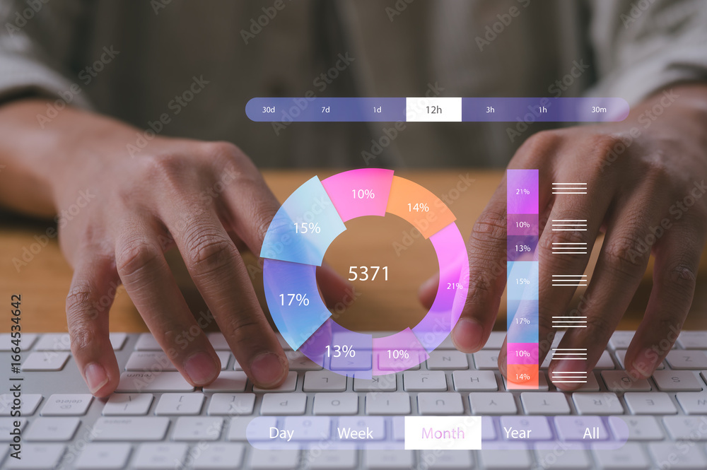 Poster close-up of hands typing on a keyboard with virtual digital icons, data analytics charts, and cloud 