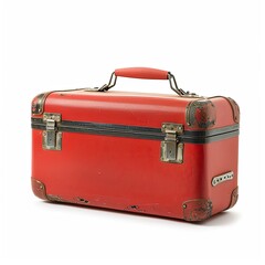 Vintage red suitcase, ornate details, metal, travel