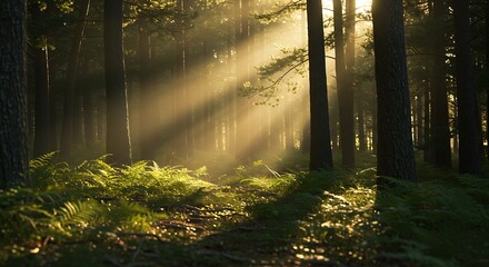 Naklejka premium Golden Hour Forest: Rays of Dawn