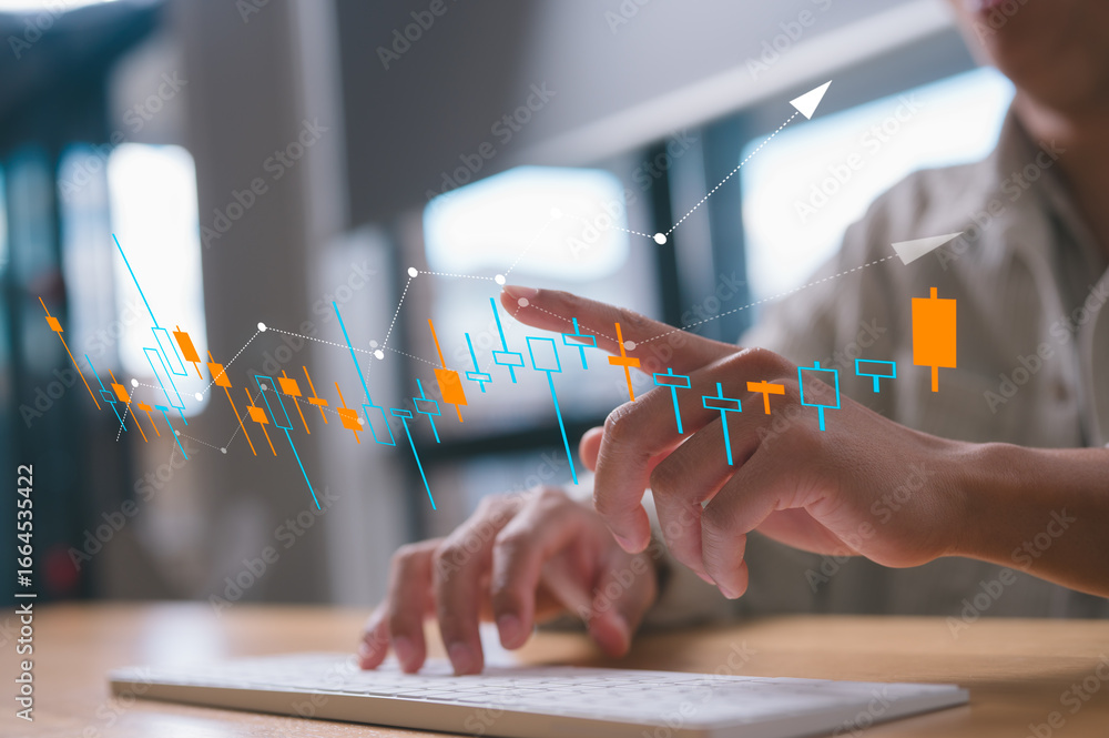 Aufkleber hands typing on keyboard and pointing at trading chart in concept of market analysis financial and i
