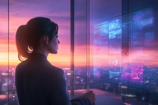 A businesswoman analyzes data on a futuristic transparent screen overlooking a city at sunset. - Powered by Adobe