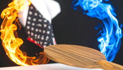Wooden spatula with American flag amidst flames