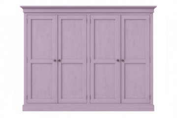 Purple wooden wardrobe standing with four doors, featuring metal handles, positioned on transparent background for interior design rendering