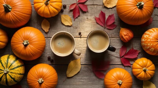 Pumpkins, leaves, & coffee mugs decorate a wooden surface in autumn