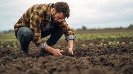Fototapeta premium Farmer examining the soil in his field checking the earth quality and making sure it's ready for planting a new crop this season