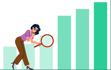 Businesswoman examining growth chart with magnifying glass