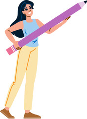 Fototapeta premium Smiling woman holding big pencil pointing upwards