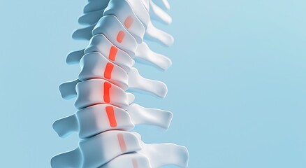 Vivid medical illustration of spine with red highlighted pain area on blue background focusing on lower back region for diagnostic or educational concepts