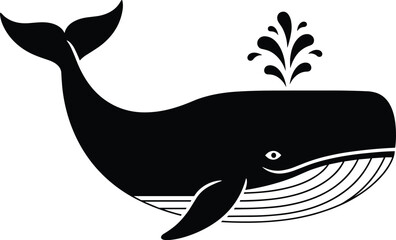 Whale silhouette illustration, black and white vector, ocean animal design, water spout detail, baleen whale profile, minimal marine artwork