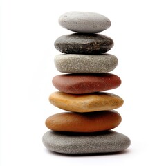 Stacked smooth stones of various colors, arranged in a balanced tower against a white background