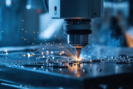 industrial laser machine in action creating intricate patterns on metal pieces with flying sparks, blurred background emphasizing technical precision for modern industry concepts