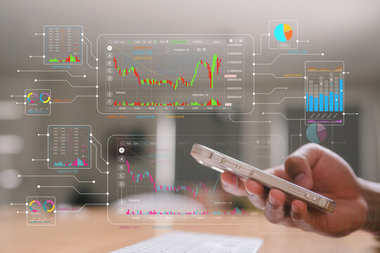 investment stock market data analysis concept, businessman using smartphone analyst virtual trading graph, trading online, financial mobile application platform