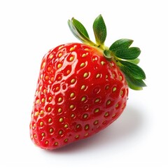 Single, ripe strawberry, vibrant red, glossy skin, small seeds, green leaves