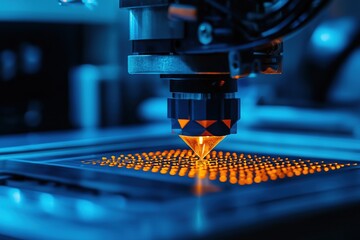 Close-up of laser sculpting on advanced technology machine with blue lighting and orange grid pattern in high-tech lab showcasing precision cutting of metal and plastic materials