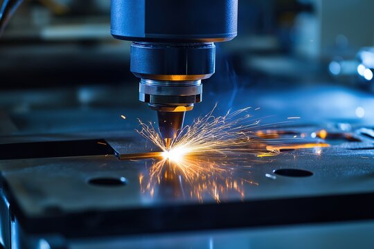 Industrial laser welding machine in action with sparks on steel plate background showcasing advanced CNC metalworking technology for precision manufacturing and product development - Powered by Adobe