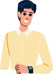 Smiling businessman checking time on smartwatch, modern professional utilizing wearable technology