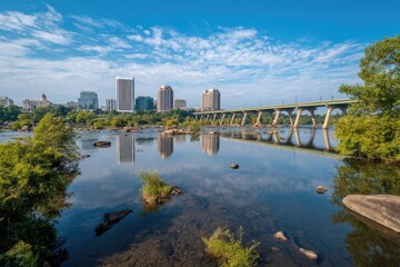 Fototapeta premium Calm river reflects city skyline under a partly cloudy sky