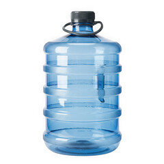 Large blue transparent water bottle with black cap and handle isolated on black transparent background