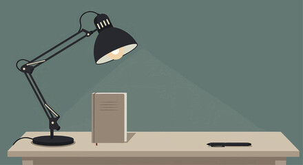 Desk Lamp Illuminating A Book On A Desk With A Pen - A Study Or Workstation Scene