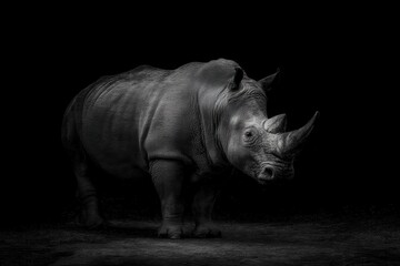 Obraz premium A powerful rhinoceros stands in dramatic lighting against a dark background, highlighting its textured skin and prominent horn