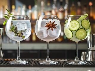 Three craft gin cocktails with botanical garnishes on professional bar