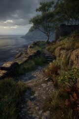 Coastal path winds through rugged terrain, sunlit cliffs and sea