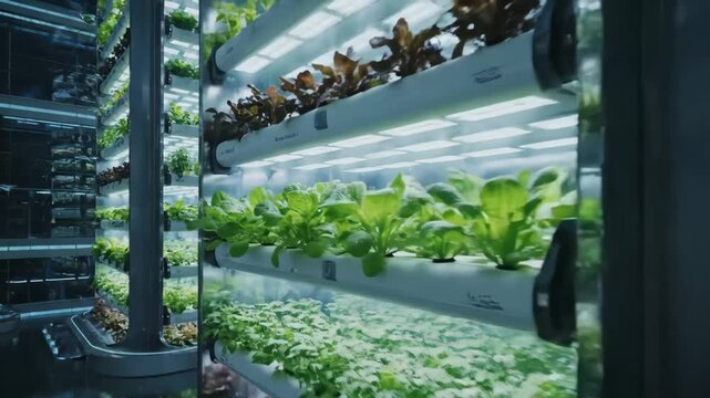 Multi-tier hydroponic racks with leafy greens under LED lights in a high-tech indoor farm&mdash;sustainable urban agriculture, fresh produce, agritech future. generative AI