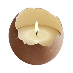 Creative candle in eggshell illuminates with warm glowing flame on transparent background