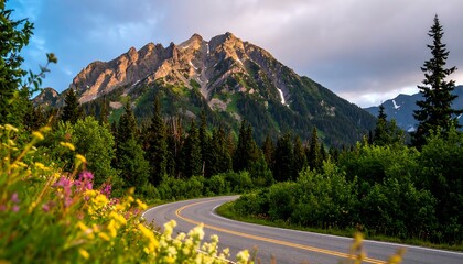 Mountain Road Winding Through Wildflowers at Sunset