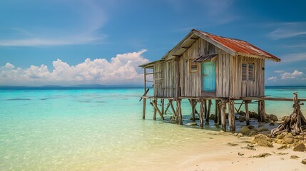 Obraz premium Tropical paradise retreat featuring a quaint stilt house with a blue door against a backdrop of pristine turquoise waters and a clear sky