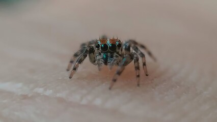 Close up of a small jumping spider with intricate markings on its body