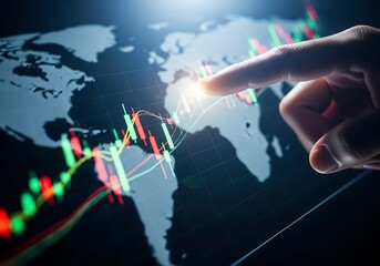 Finger pointing at glowing stock market data on world map