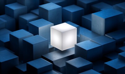 Fototapeta premium Illuminated white cube stands out among dark blue cubes