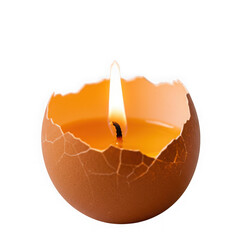 Unique eggshell candle with a bright flame illuminating the dark transparent background