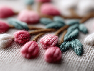 Closeup of delicate, floral embroidery on textured fabric. Soft pinks  greens evoke handmade artistry, adding warmth  texture. Use for craft, design,  textile themes.