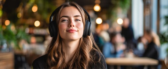 Fototapeta premium [The woman with headphones enjoying a cozy cafe moment with a relaxed smile]