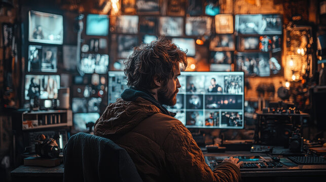 The editor, a skilled craftsman of visual storytelling, meticulously navigates through the digital landscape of the video on his powerful desktop computer, wielding the magic wand of editing 