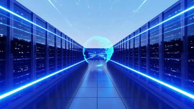 Server room with a glowing globe in the distance